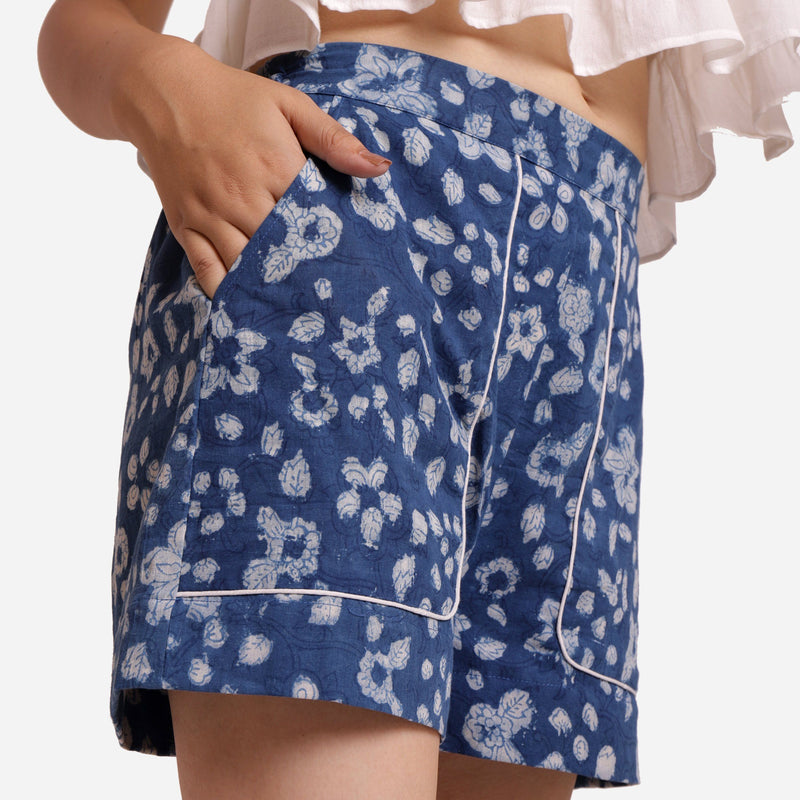 Front Detail of a Model wearing Natural Dyed Mid Rise Dabu Printed Shorts