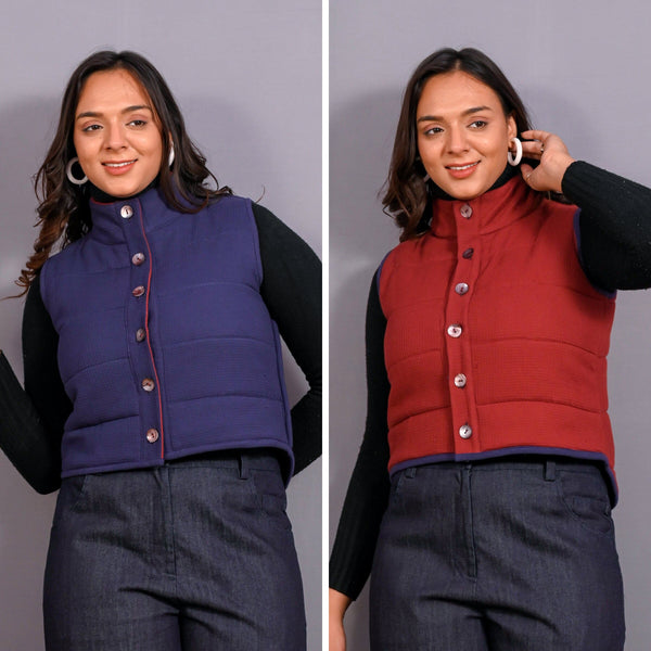Front View of a Model wearing Reversible Blue and Red Warm Cotton Waffle Sleeveless Quilted Puffer Jacket