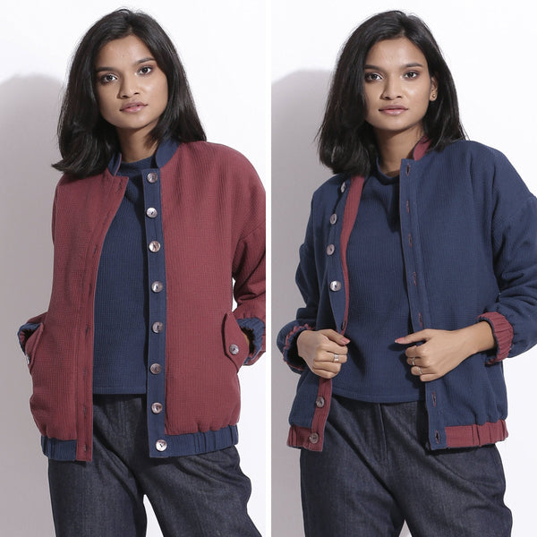 Front View of a Model wearing Reversible Blue Red Warm Cotton Waffle Bomber Jacket