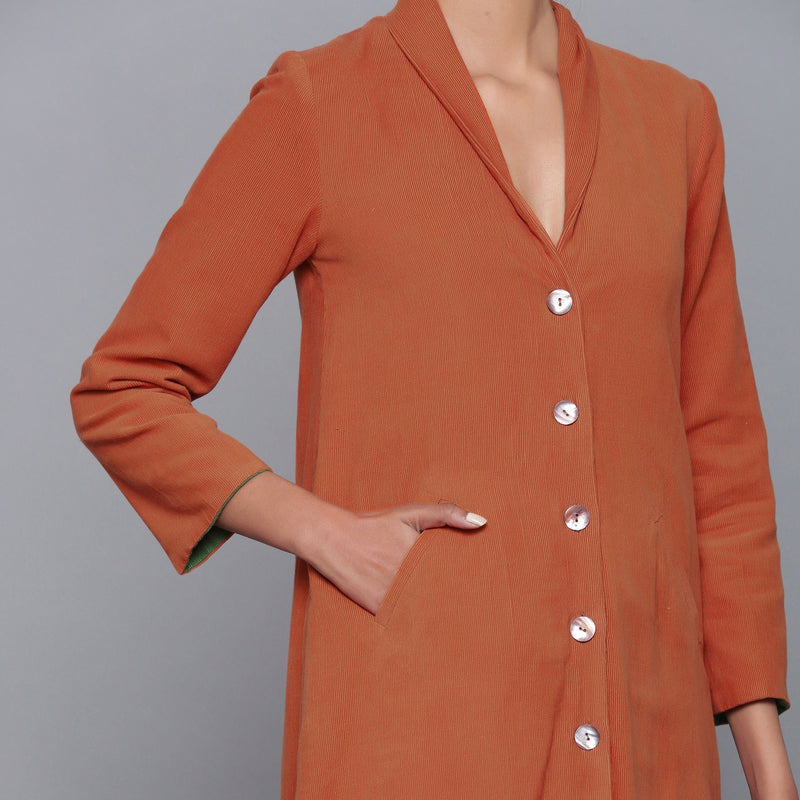 Front Detail of a Model wearing Reversible Convertible Corduroy Button Down Jacket Dress