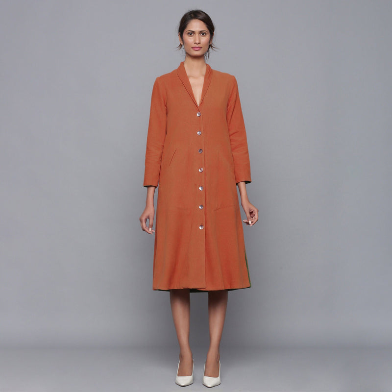 Front View of a Model wearing Reversible Convertible Corduroy Button Down Jacket Dress