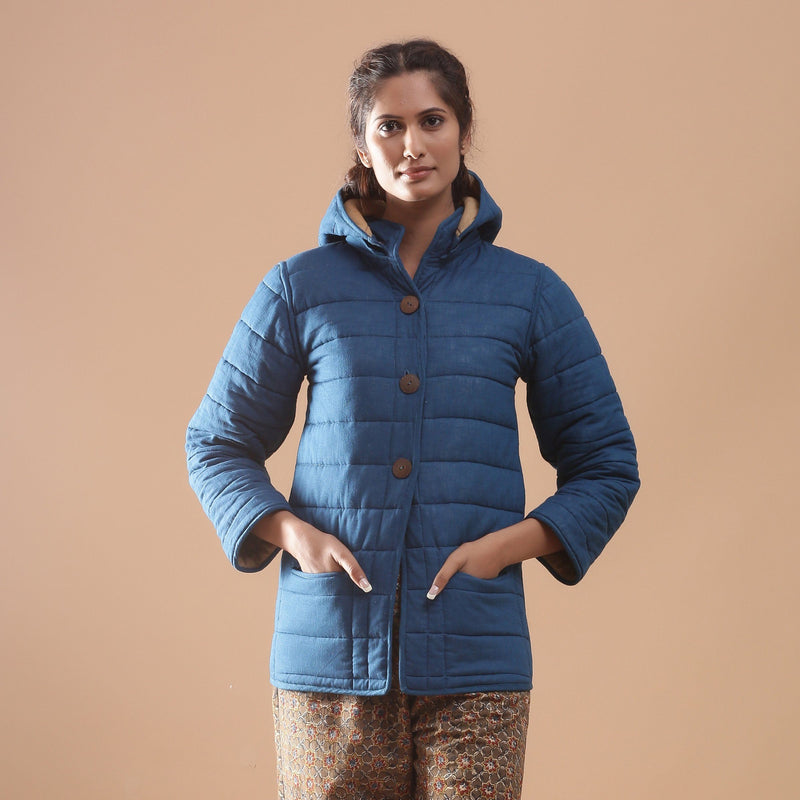 Front View of a Model wearing Blue Reversible Detachable Quilted Cotton Hoodie Jacket