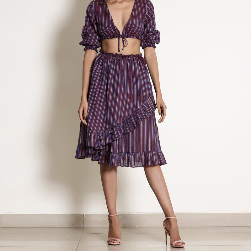 Front View of a Model wearing Berry Wine Striped Frilled Wrap Skirt