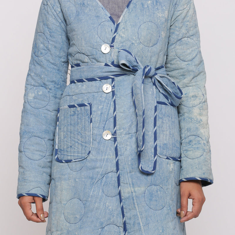 Front Detail of a Model wearing Reversible Dabu Block Print Quilted Cotton Outerwear