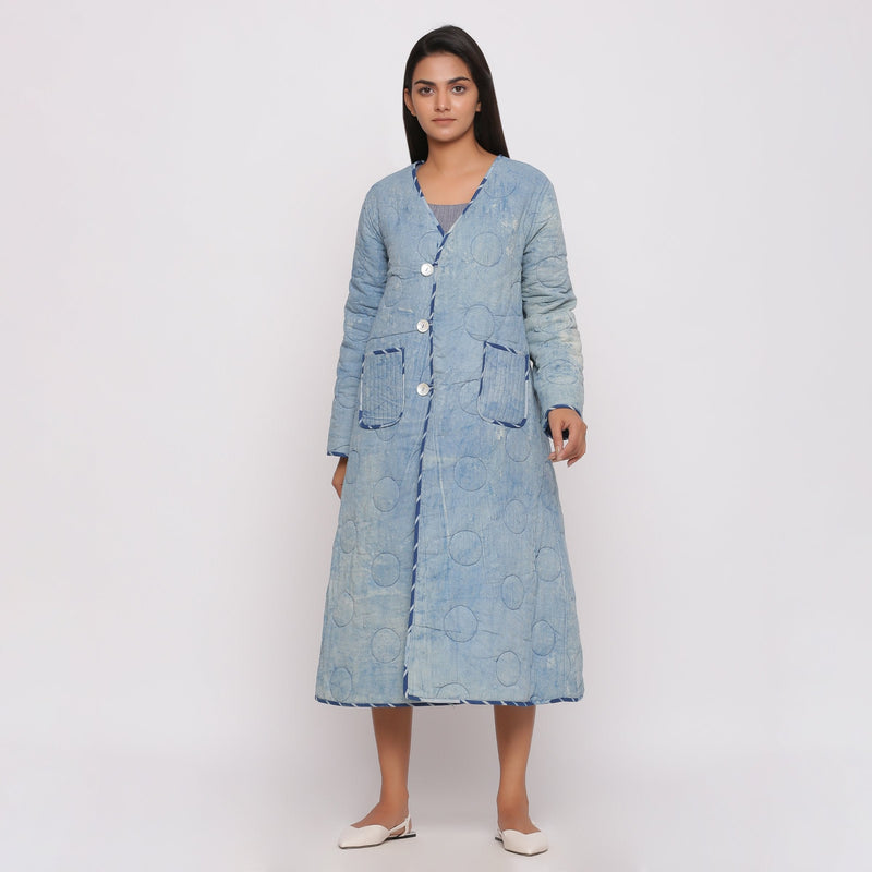 Front View of a Model wearing Reversible Dabu Block Print Quilted Cotton Outerwear