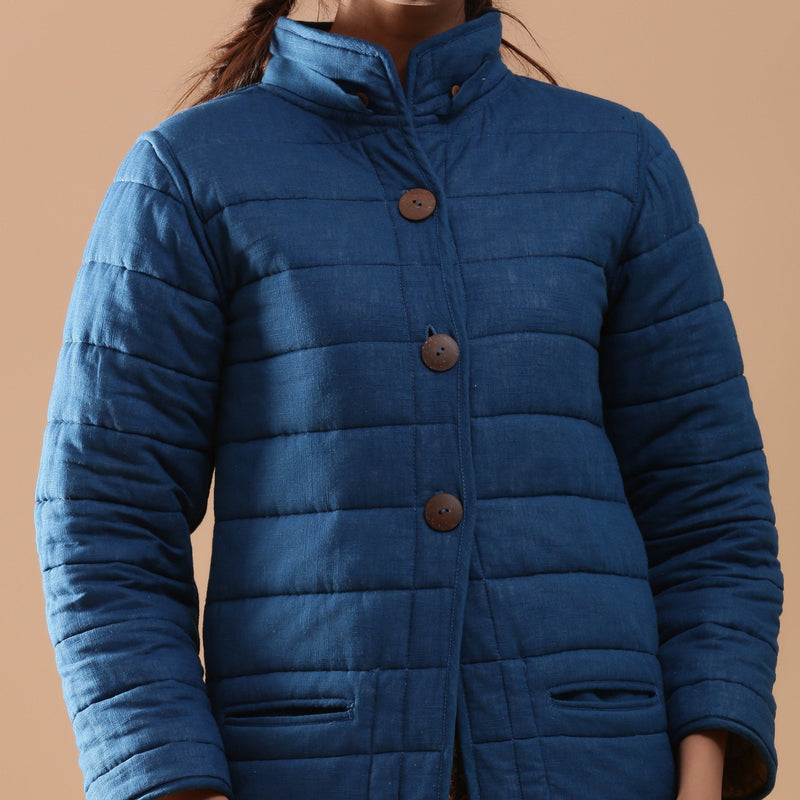 Front Detail of a Model wearing Blue Reversible Detachable Quilted Cotton Hoodie Jacket