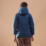 Back View of a Model wearing Blue Reversible Detachable Quilted Cotton Hoodie Jacket