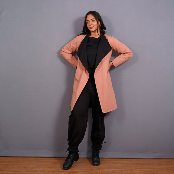 Front View of a Model wearing Reversible English Rose and Black Warm Cotton Flannel Front Open Overlay Coat