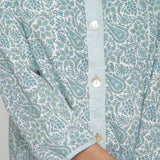Front Detail of a Model wearing Reversible Block Print Green Cotton Outerwear