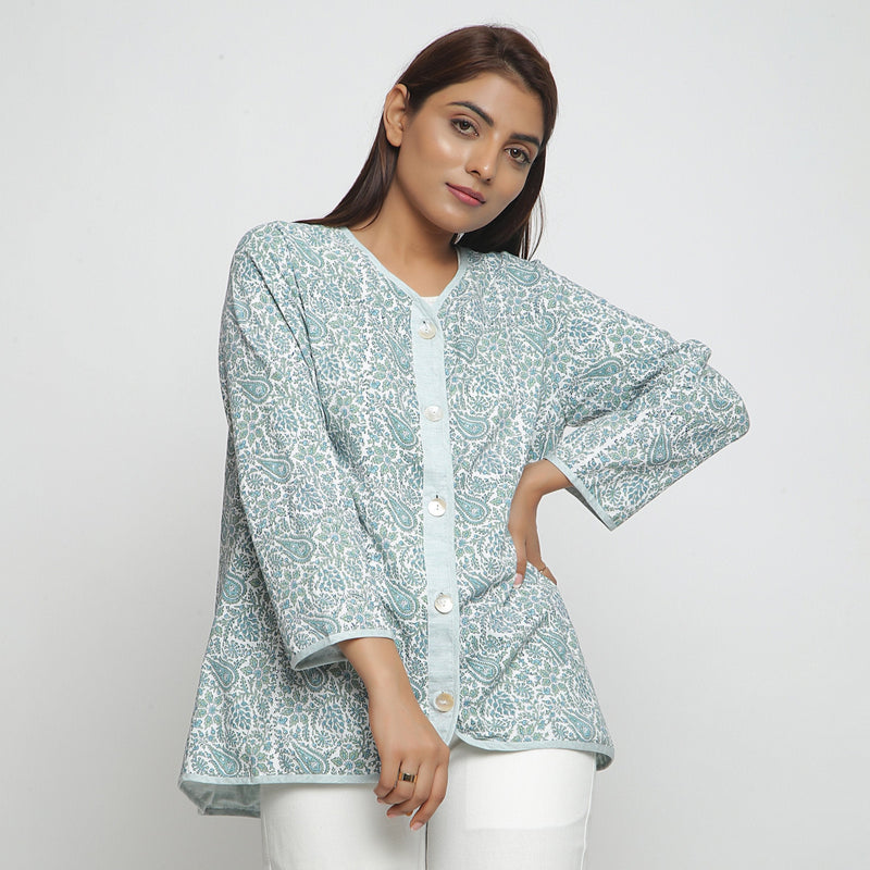 Front View of a Model wearing Reversible Block Print Green Cotton Outerwear