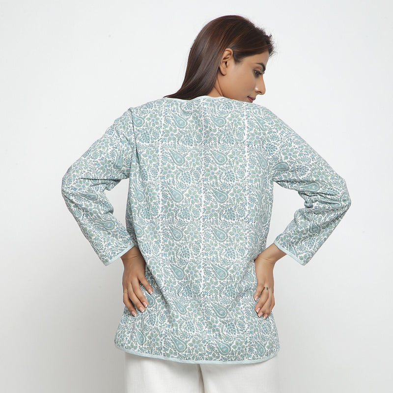Back View of a Model wearing Reversible Block Print Green Cotton Outerwear