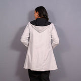 Back View of a Model wearing Reversible Grey and Black Warm Cotton Flannel Front Open Hoodie Overlay