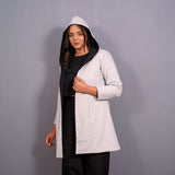 Left View of a Model wearing Reversible Grey and Black Warm Cotton Flannel Front Open Hoodie Overlay