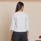 Back View of a Model wearing Reversible Grey Warm Cotton Button-Down Short Top
