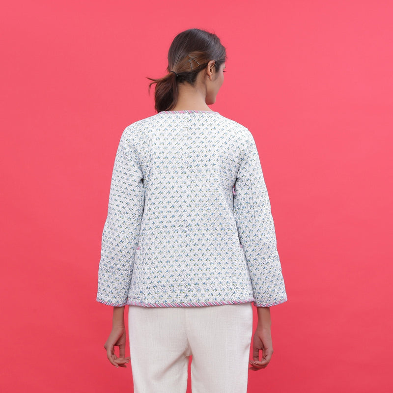 Back View of a Model wearing Reversible Printed Quilted Cotton Jacket