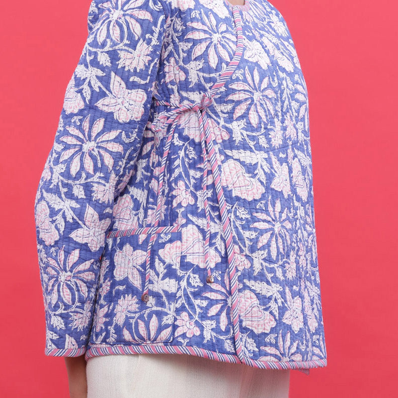 Front Detail of a Model wearing Reversible Block Print Quilted Cotton Short Jacket