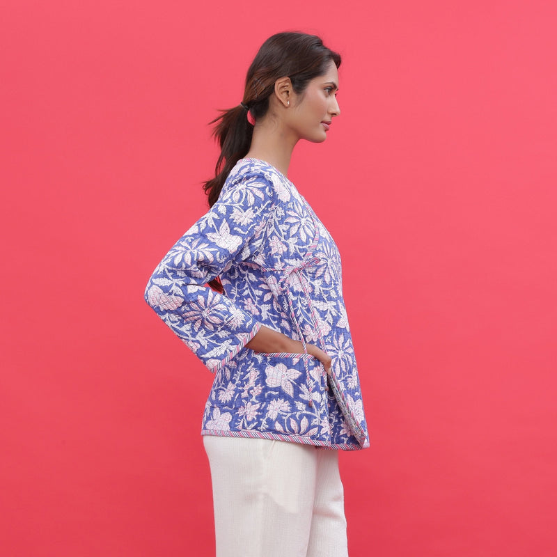 Right View of a Model wearing Reversible Printed Quilted Cotton Jacket