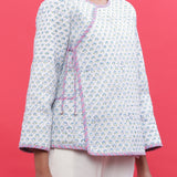 Front Detail of a Model wearing Reversible Printed Quilted Cotton Jacket