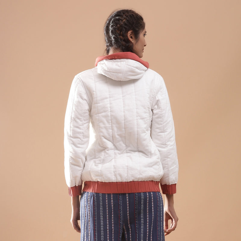 Back View of a Model wearing Reversible Warm Cotton Quilted Bomber Hoodie Jacket