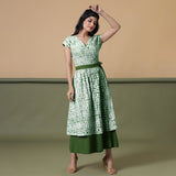Front View of a Model wearing Reversible Forest Green Tie-Dye Cotton Maxi Wrap Dress