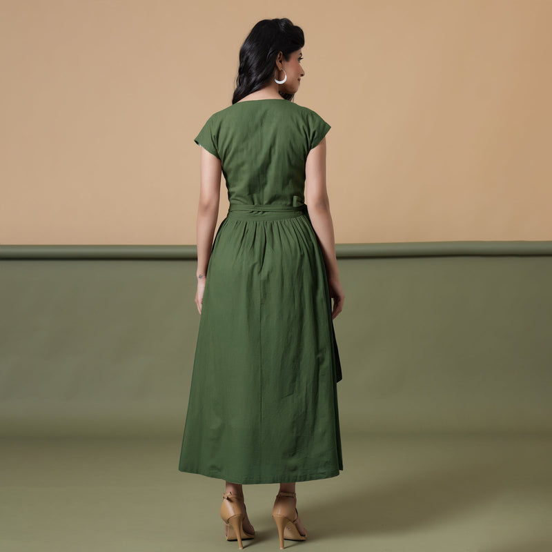 Back View of a Model wearing Reversible Forest Green Tie-Dye Cotton Maxi Wrap Dress