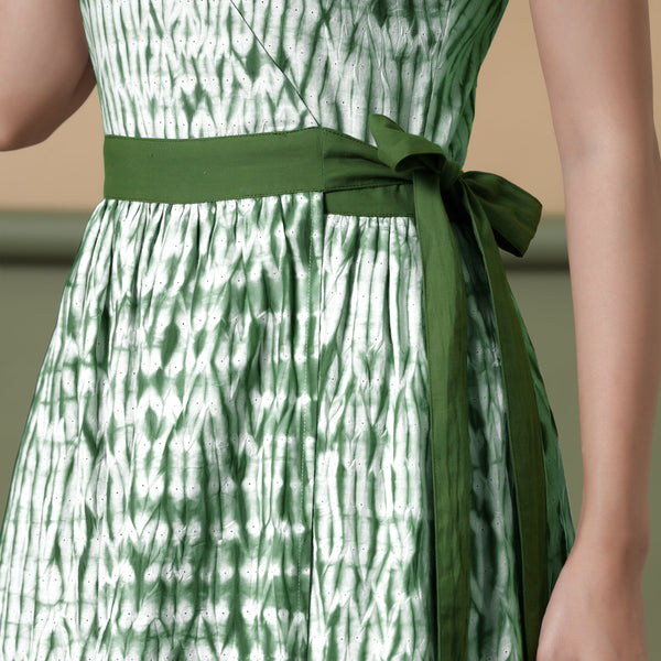Front Detail of a Model wearing Reversible Forest Green Tie-Dye Cotton Maxi Wrap Dress
