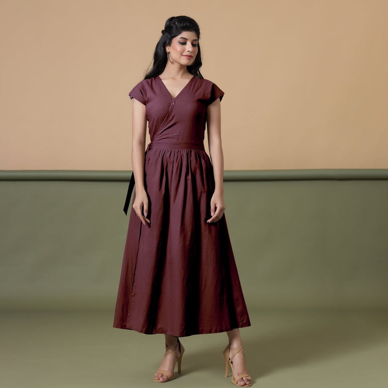 Front View of a Model wearing Reversible Maroon Tie-Dye Cotton V-Neck Maxi Wrap Dress