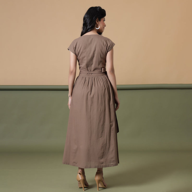 Back View of a Model wearing Reversible Taupe Tie-Dye Cotton V-Neck Maxi Wrap Dress