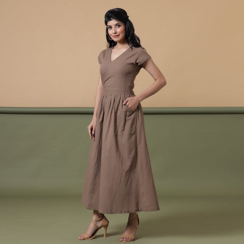 Left View of a Model wearing Reversible Taupe Tie-Dye Cotton V-Neck Maxi Wrap Dress