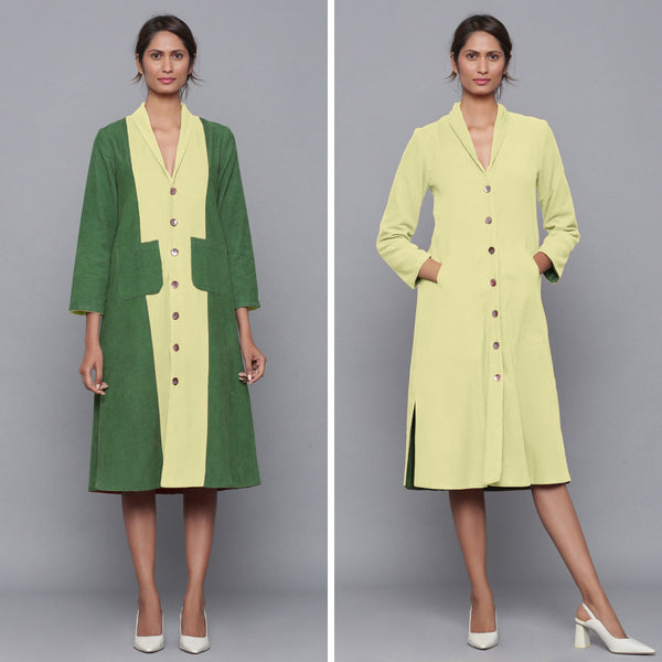 Front View of a Model wearing Reversible Warm Cotton Corduroy Convertible Jacket Dress