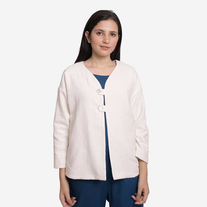 Front View of a Model wearing Reversible White Warm Cotton Corduroy Short Jacket