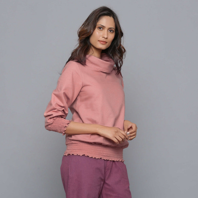 Right View of a Model wearing English Rose Warm Cotton Flannel Cowl Neck Top