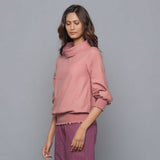 Left View of a Model wearing English Rose Warm Cotton Flannel Cowl Neck Top