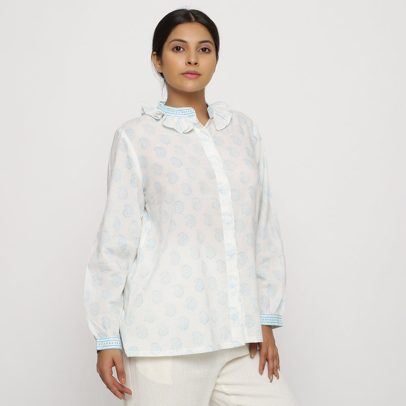 Right View of a Model wearing White Block Printed Cotton Straight Top