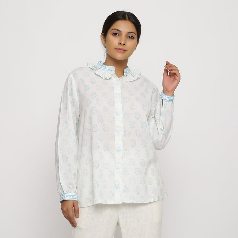 Front View of a Model wearing White Block Printed Cotton Straight Top