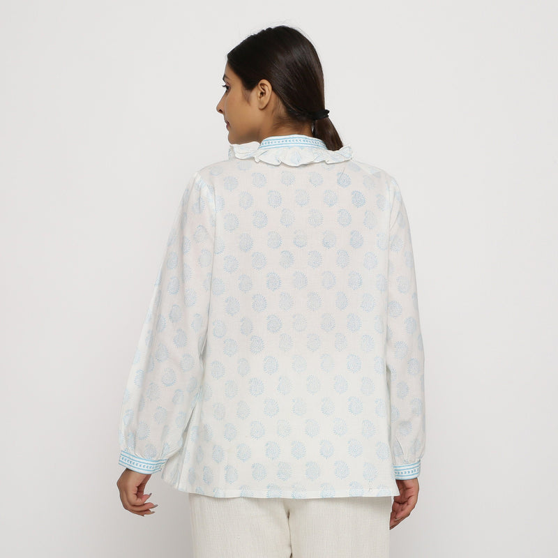 Back View of a Model wearing White Block Printed Cotton Straight Top