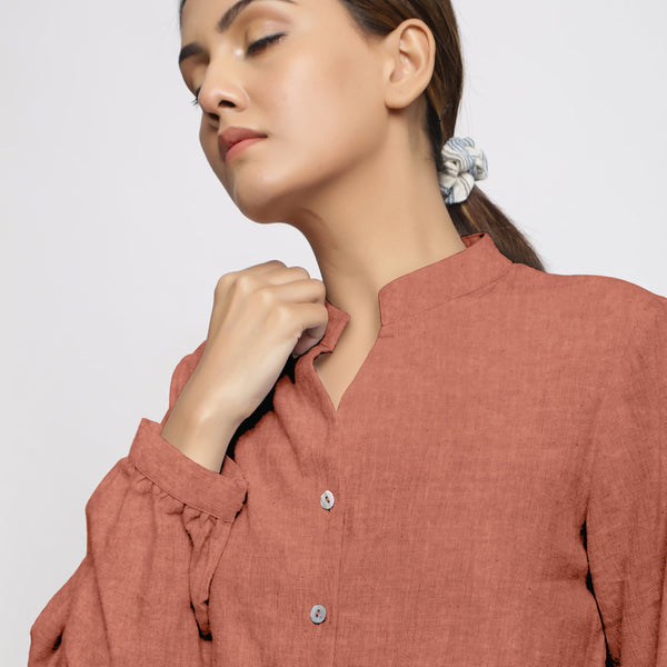 Front Detail of a Model wearing Rust 100% Linen Mandarin Collar Full Sleeve Shirt