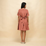 Rust 100% Linen V-Neck Knee Length Blouson Dress