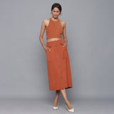 Front View of a Model wearing Rust Corduroy Halter Top and Skirt Set