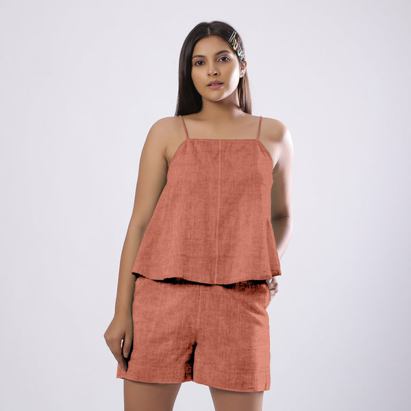 Rust Cotton Linen Flared Camisole Top