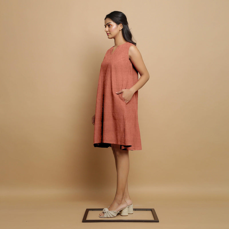 Rust Cotton Linen Hand Embroidered Knee-Length Godet Dress