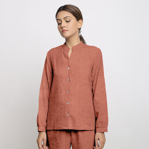 Rust Cotton Linen Mandarin Collar Full Sleeve Shirt