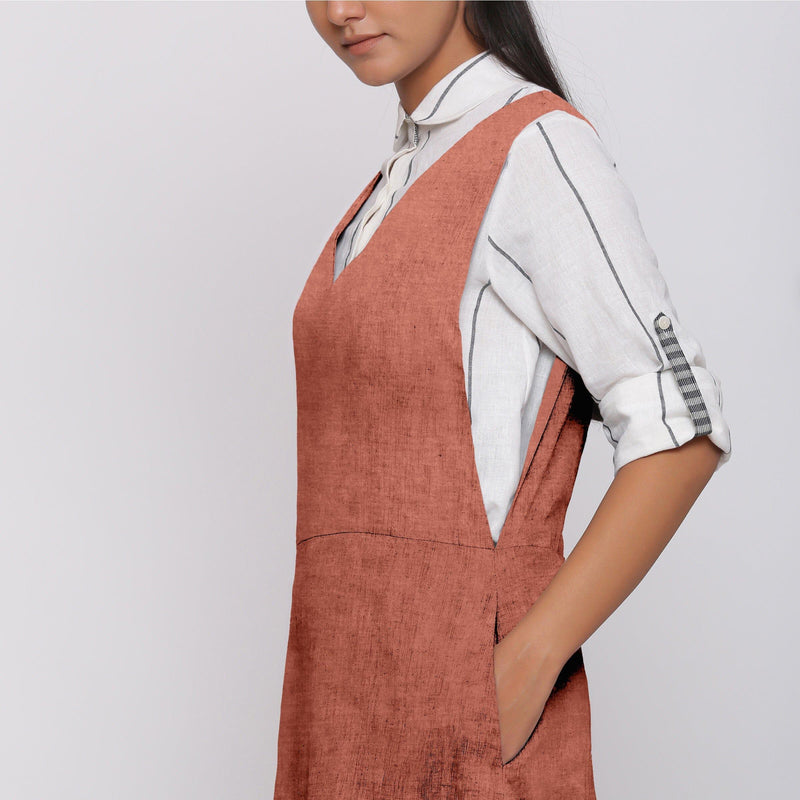 Rust Cotton Linen V-Neck Midi Pinafore Dress