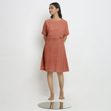 Rust Cotton Linen Yoked Knee Length Shift Dress