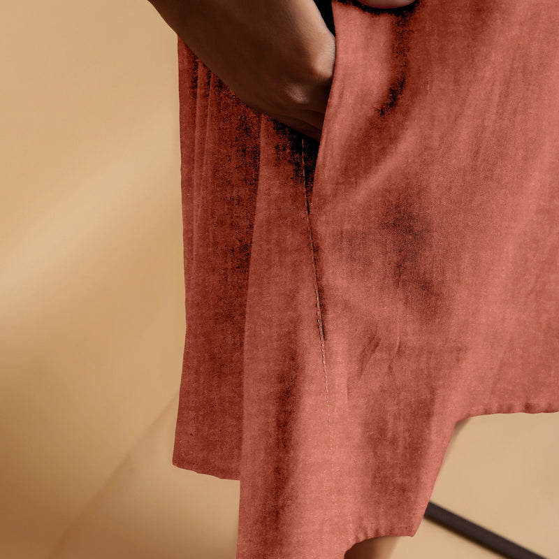 Rust Linen Hand-Embroidered Knee-Length Godet Dress