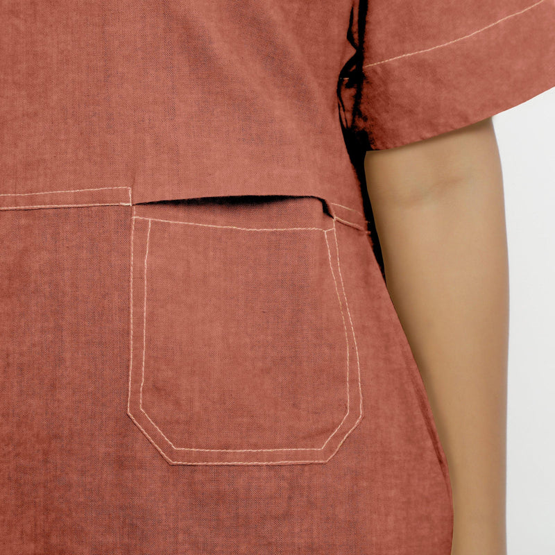 Front Detail of a Model wearing Rust 100% Linen Yoked Knee Length Shift Dress