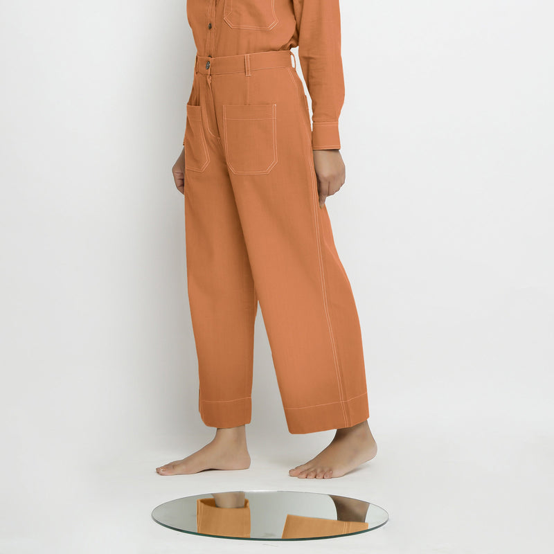 Left View of a Model wearing Rust Patch Pocket Straight Fit Pant