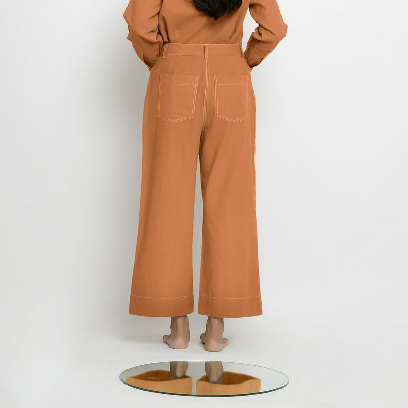 Back View of a Model wearing Rust Patch Pocket Straight Fit Pant