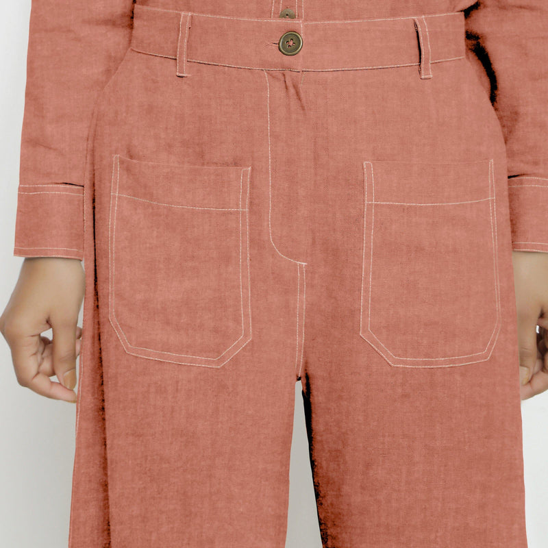 Front Detail of a Model wearing Rust Sandstone Linen Patch Pocket Wide Legged Pant