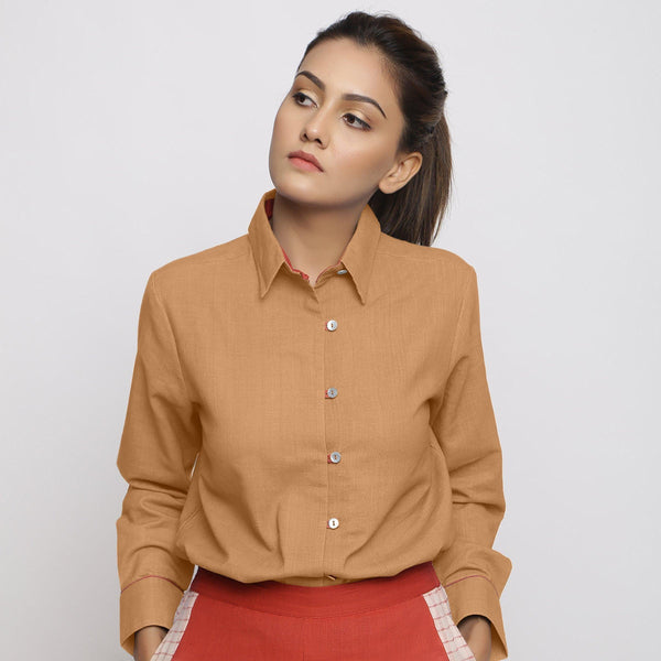 Front View of a Model wearing Rust Vegetable Dyed 100% Cotton Button-Down Shirt